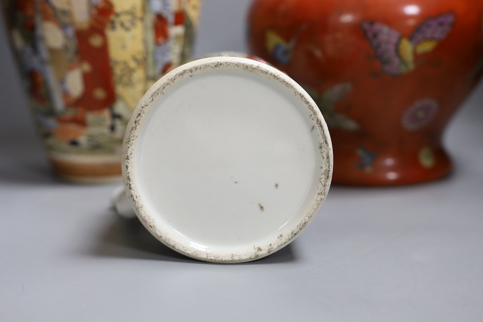 Japanese satsuma vase, 39cm high, together with a red Chinese vase and 19th century Chinese famille rose teapot